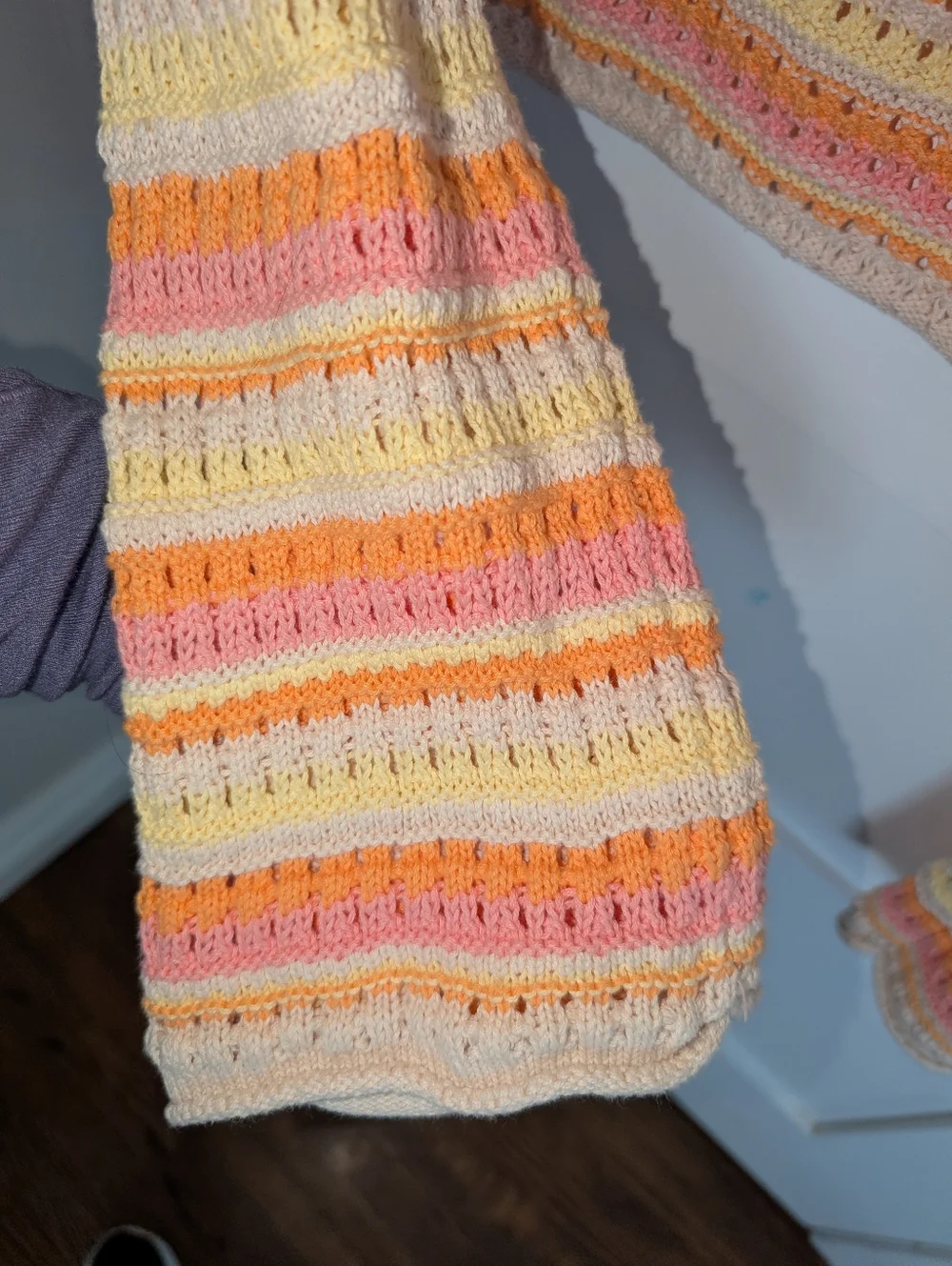 moon & Madison  Lightweight Striped Crochet Sweater - Peach, Pink & Cream - Picture 2 of 5
